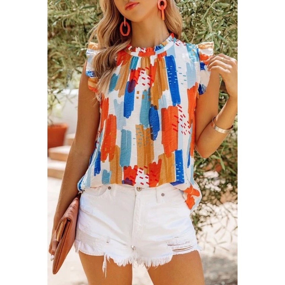 THML Abstract Brushstroke Ruffle Sleeveless Top Medium Multicolor Bright Artsy